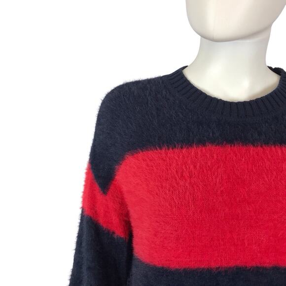 Tommy Hilfiger Fuzzy Sweater Striped Red & White Blue Women's Pullover - Picture 2 of 7